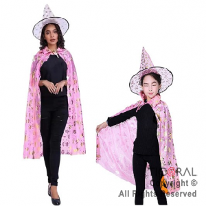 SET DE BRUJA SOMBRERO Y CAPA ROSA X 1